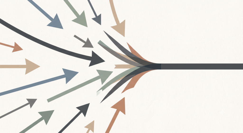 Minimal illustration of converging arrows symbolizing steering when prompting AI